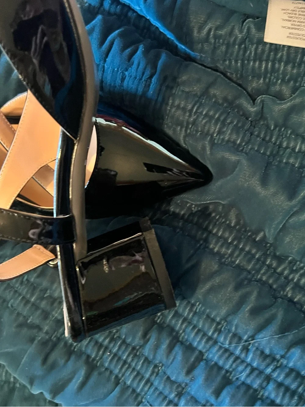 Patent Black Pointed-Toe D'Orsay Heels with Ankle Strap